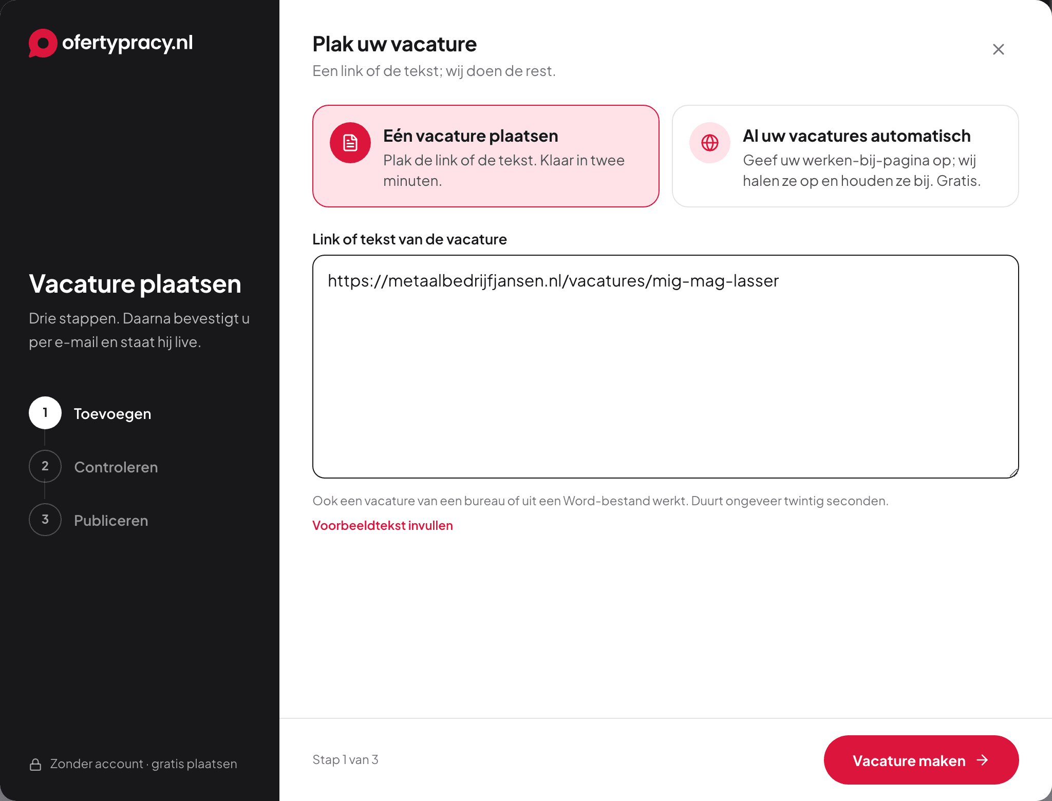 Stap 1 van de wizard: één veld voor de link of de tekst van de vacature