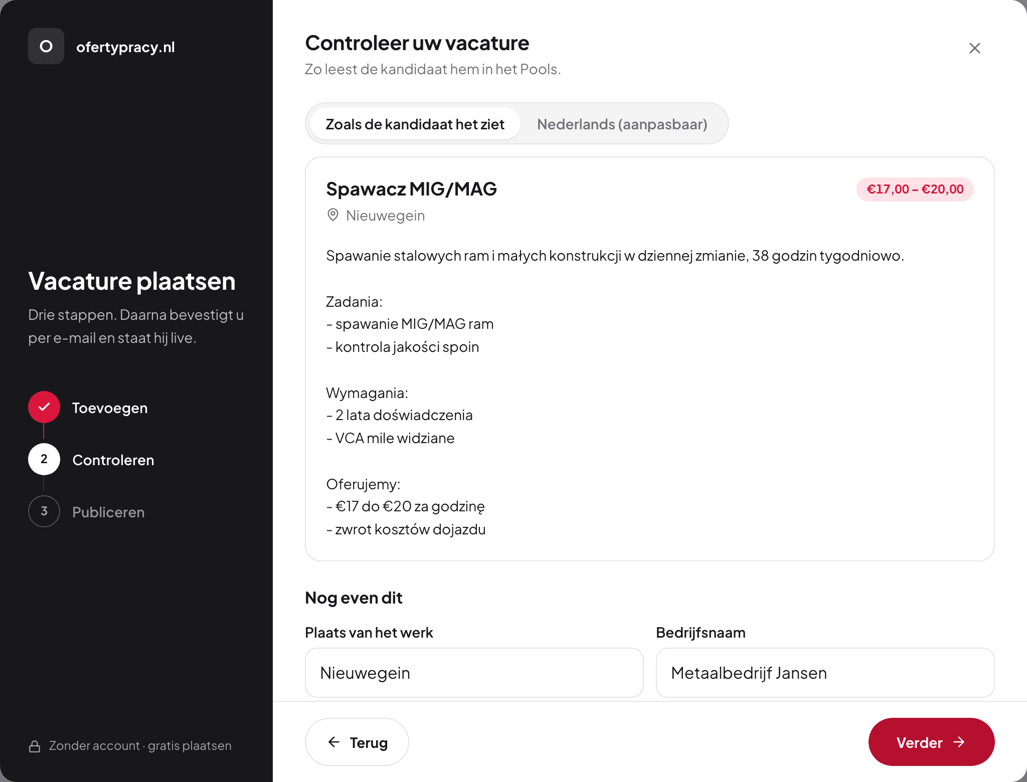 De wizard: uw vacature zoals de kandidaat hem ziet, met de Nederlandse tekst ernaast